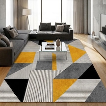 Hardal Gri Geometrik Üçgen Desenli Modern Dijital Baskılı Kaymaz Tabanlı Yıkanabilir Halı Hardal