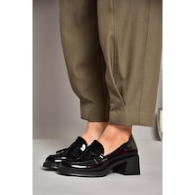 Fox Shoes T820145408 Siyah Rugan Kalın Topuklu Kadın Ayakkabı Siyah-rugan Siyah