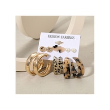 Leolove 6 Çift Gold Leopar Altın Halka Akrilik Ve İncili Altın Çoklu Küpe Seti Siyah - Gümüş
