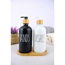 Buççin Online Mağaza 2 Li Ahşap Standlı Cam Sıvı Sabun Ve Bulaşık Deterjanı Şişesi Sabunluk 500 Ml - E/6 C1-1-2 Cam Siyah Çok Renkli