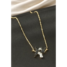 Kuş - 542 - Zirkon Taşlı Çelik - Spt-gld - Kolye Sarı