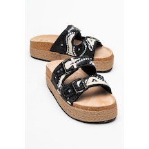 Luvishoes Luvi Shoes Bobby Siyah Taşlı Etnik Desenli Hasır Kalın Mantar Tabanlı Kadın Terlik Siyah
