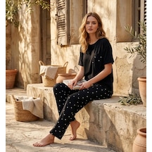 Pijamoni Milan Kumaş Bisiklet Yaka Kısa Kollu Kadın Uzun Pijama Takımı Siyah