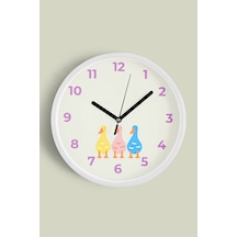 Renkli Kaz / Ördek Çocuk Odası Duvar Saati - 42cm - Önü Camlı Beyaz Kasa - Sessiz Mekanizma Beyaz