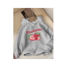 Herkesemoda Strawberry Baskı Detaylı İçi Polarlı Kapüşonlu Sweatshirt Gri