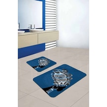 Mavi Etnik Desenli Banyo Halısı Klozet Paspas Seti Bs201n11
