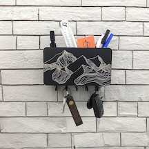 Dekoratif Siyah Çizgisel Dağ Motifli Bölmeli Anahtarlık Dekor Askılık Diğer