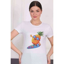 Kadın Slimfit Ananas Baskılı Beyaz Tshirt