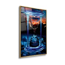 Mavi Kırmızı Işıklı Kozmik Kum Saati Gold Çerçeveli Cam Tablo