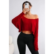 Kadın Düşük Omuz Kayık Yaka Oversize Uzun Kollu Crop T-shirt Kırmızı