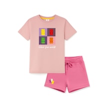 Haribo Lisanslı Kareli Ayıcık Baskılı T-shirt Şort Takım Pudra