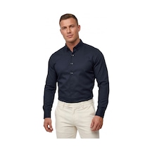 Deepsea Lacivert Slim Fit Likralı Kolay Ütülenebilir Gizli Düğmeli Erkek Gömlek 2602614