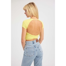 Hiccup Yuvarlak Yaka Çapraz Arka Kısa Kollu Crop Top Sarı
