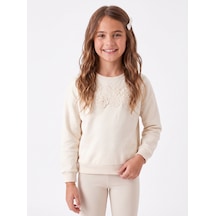 Onloox Kız Çocuk Krem Kız Çocuk Krem Pamuklu Bisiklet Yaka Regular İncili Çiçek Nakışlı Sweatshirt 9-14 Yaş