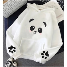 Sevimli Panda Kol Detaylı Beyaz Kapşonlu Sweatshirt Beyaz