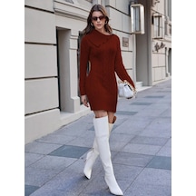 Aqe Fashion Kadın Düğme Detaylı Uzun Kollu Saç Örgü Boğazlı Mendil Yaka Bordo Triko Tunik Elbise Bordo