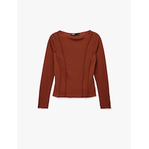 Koton Slim Fit Uzun Kollu Kayık Yuvarlak Yaka Dikiş Detaylı Tişört Kiremit 6wak50146ek Terracotta