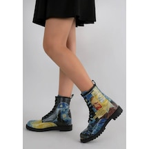 Kadın Vegan Deri Mavi Uzun Bot - Vincent Van Gogh The Starry Night Collage Muse Tasarım Multicolor