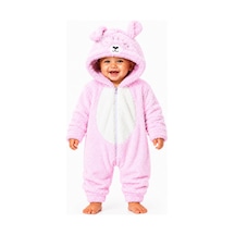 Kız Erkek Bebek Welsoft Peluş Tulum Kapüşonlu Fermuarlı Kışlık Bebek Tulumu Ayıcık Desenli Yumuşak Polar Tulum Pembe