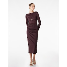 Koton Slim Fit Uzun Kollu Yuvarlak Kayık Yaka Drape Detaylı Kalem Elbise Mor 6sak80132ek