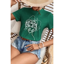 Unisex Woman One Line Baskılı Tasarım Tshirt Yeşil