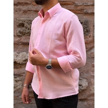 Slim Fit Uzun Kol Müslin Pamuk Rahat Nefes Alabilen Kumaştan Yaka Düğmeli Hediye Kutulu Erkek Gömlek Fs-004202 - Pembe-3368