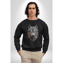 Beyaz Kurt Kafası Unisex Siyah Baskılı Sweatshirt Siyah