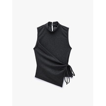 Koton Slim Fit Bağlama Detaylı Kruvaze Çizgili Dik Yaka Kolsuz Bluz Gri Çizgili 7wak10074ek