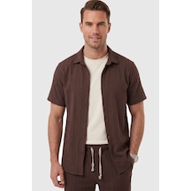 Deep Sea Deepsea Kahve Slim Fit Çizgi Dokulu Keten Görünümlü Kısa Kol Erkek Spor Gömlek 2602648