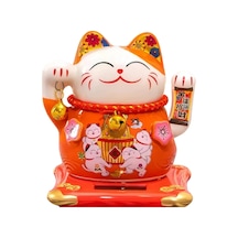 Seramik Maneki Neko Turuncu Güneş Enerjili Şans Kedisi 12cm No.4