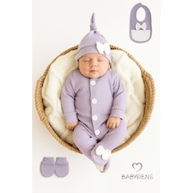 Babyden's 4 'lü Kız Bebek Fitilli Yenidoğan Bebek Tulum Seti %100 Pamuklu Hastane Çıkışı Lila