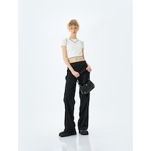 Koton Slim Fit Kolsuz Polo Yaka Biyeli Crop Tişört Ekru 5sal30041ık Ekru