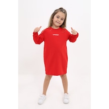 Toontoy Kız Çocuk Baskılı Relax Fit Bisiklet Yaka Uzun Kollu Elbise - Kırmızı