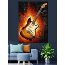 Ahşap Tablo Yanık Gitar Alevli Müzik