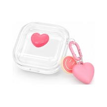 Samsung Galaxy Buds 4 / Buds 4 Pro İle Uyumlu Heartpop 3d Kalpli Şeffaf Kulaklık Kılıfı Pembe Karabinalı, Kalp Ve Smiley Charm Aksesuarlı Koruyucu Kulaklık Kabı