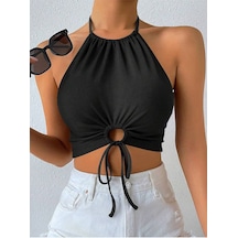 Liona Halter Yaka Bağlamalı Büzgülü Siyah Renk Fitilli Crop Top Bluz