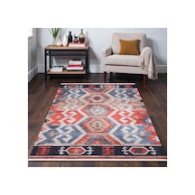 Vintage Etnik Kilim Kırmızı & Mavi Desenli Kaymaz Taban Çok Renkli Çok Renkli