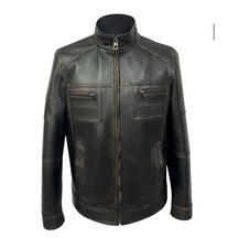 Viamod Leather Erkek Siyah Hakim Yaka Deri Mont %100 Saf Deri Eskitme Görünümlü Fermuarlı Kışlık Ceket Petro Eskitme Siyah