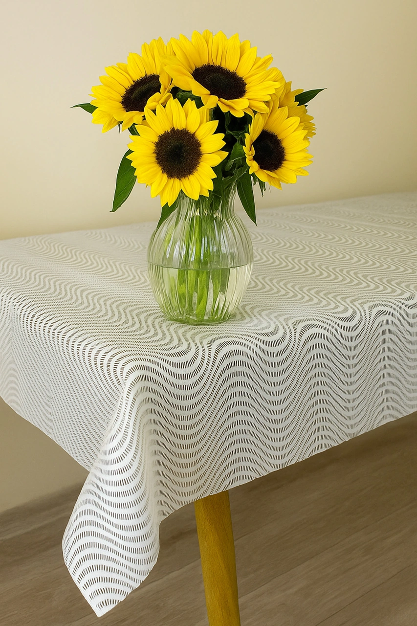 Rona Home Hasır Desen Lüks Pvc Silinebilir Masa Örtüsü Su Geçirmez Muşamba Sofra Bezi Beyaz