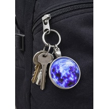 Unisex Mavi Galaksi Desenli Metal Anahtarlık Yuvarlak Cam Tasarım