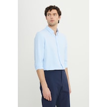 AC&Co / Altınyıldız Classics Erkek Mavı Slim Fit Dar Kesim Düğmeli Yaka Armürlü Gofre Desenli Gömlek Mavi