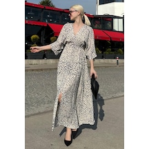 Madmext Beyaz Desenli Yırtmaç Detaylı Uzun Elbise Mg2321 Beyaz