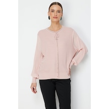 On Kadın Kolları Pileli Kumaşı Desenli Bluz 70449 Pembe