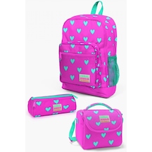 Coral High Kids Neon Pembe Su Yeşili Kalp Desenli 3'lü Okul Çanta Seti - Kız Çocuk Çok Renkli