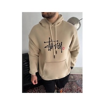 Erkek Üç İplik Kapşonlu Baskılı Sweatshirt - Bej