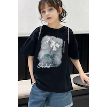 Uyguntarz Çocuk Orchid Baskılı Pamuklu Tshirt Siyah