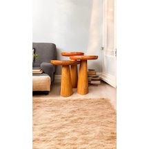 Wood Wooden Ahşap 3 Lü Set Fitilli Mantar Yan Sehpa Modern Açık Meşe Renk Fiskos Kahverengi
