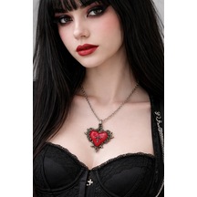 Kırmızı Kalp Ve Haç Detaylı Gotik Kolye Unisex Metal Zincir Çok renkli