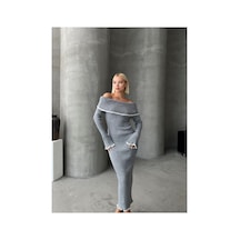 Trend Paris Madonna Yaka Kadın Triko Midi Elbise Gri Standart