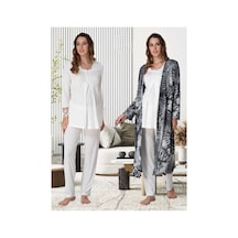 Effortt Dvina Lohusa Hamile Desenli Sabahlıklı Uzun Kollu Pijama Takımı - Ekru Ekru